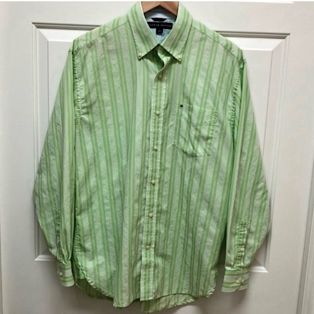 Tommy Hilfiger button down casual shirt, cotton, green white stripes, M